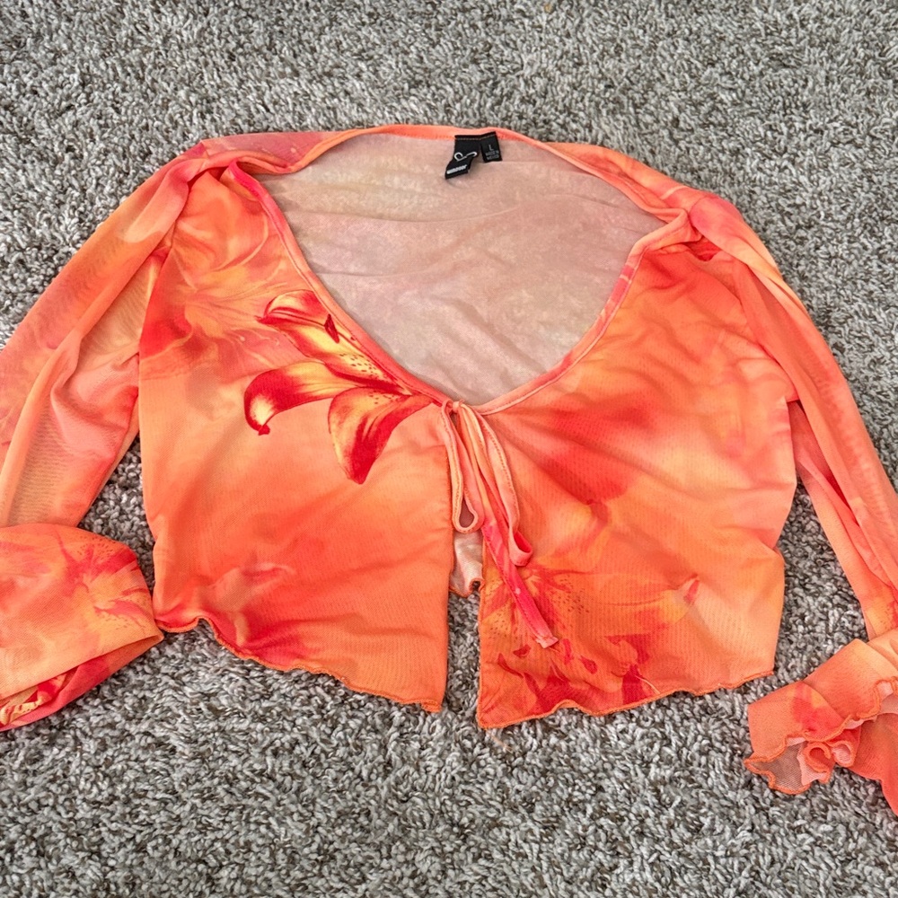 Windsor Women’s Orange Tie-Front Floral Mesh Top